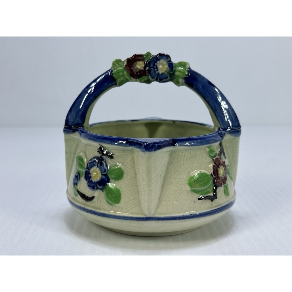 Vintage Ceramic Majolica 4"H Floral Blue Green Basket Handle 4.5"W "K" Japan‎